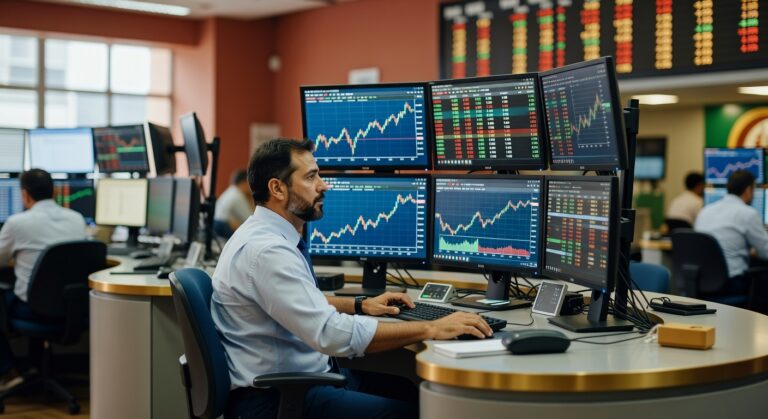 Profissional de mercado financeiro observa múltiplos monitores com gráficos de ações e cotações em sala de operações