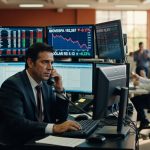 Trader em mesa de operações observando gráficos do Ibovespa em queda de 0,17% em monitores múltiplos bolsa valores