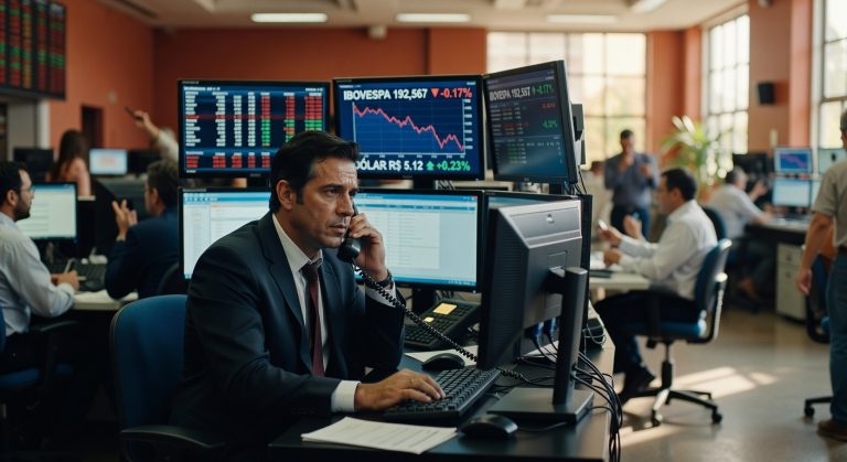 Trader em mesa de operações observando gráficos do Ibovespa em queda de 0,17% em monitores múltiplos bolsa valores