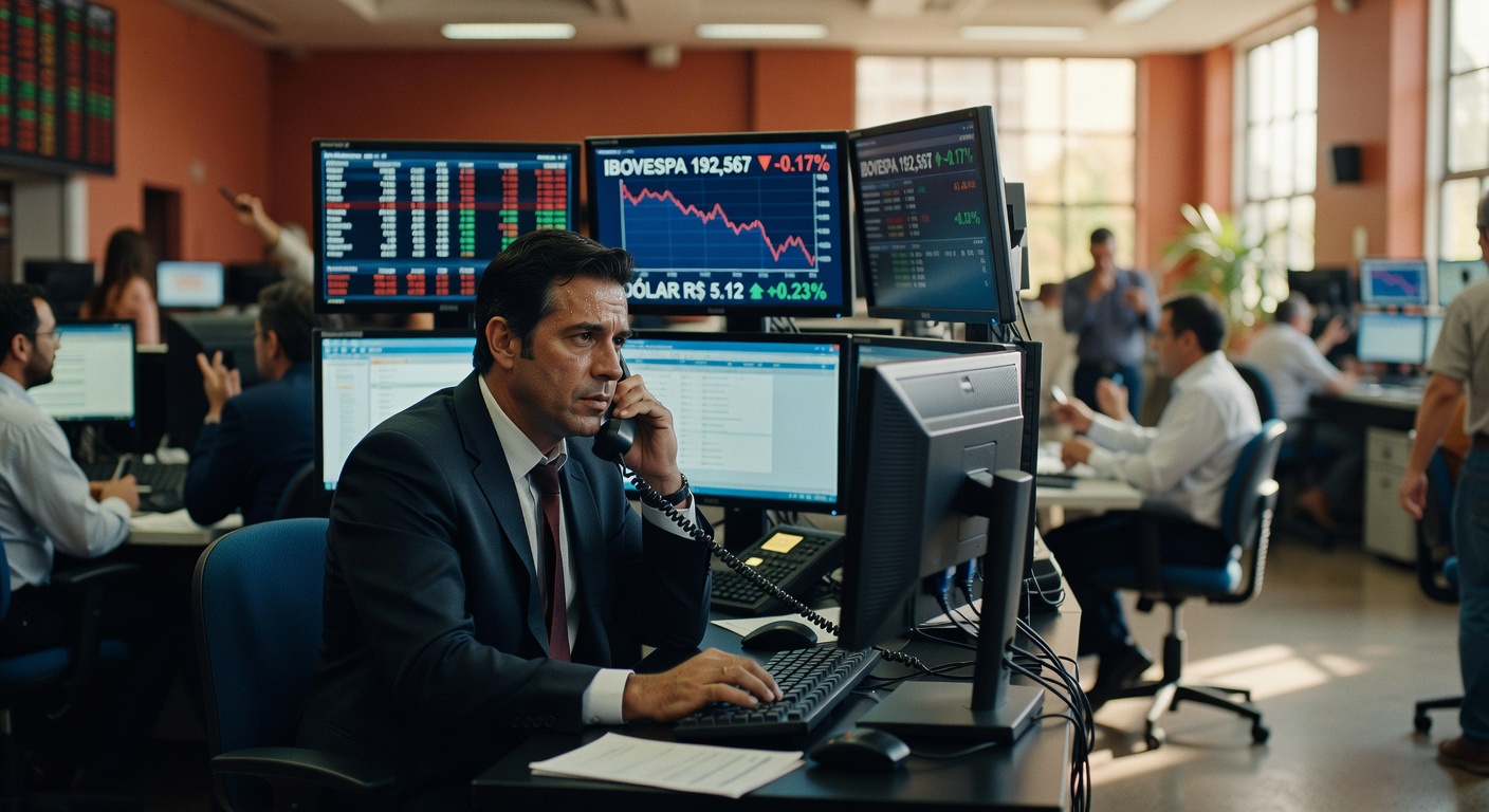Trader em mesa de operações observando gráficos do Ibovespa em queda de 0,17% em monitores múltiplos bolsa valores