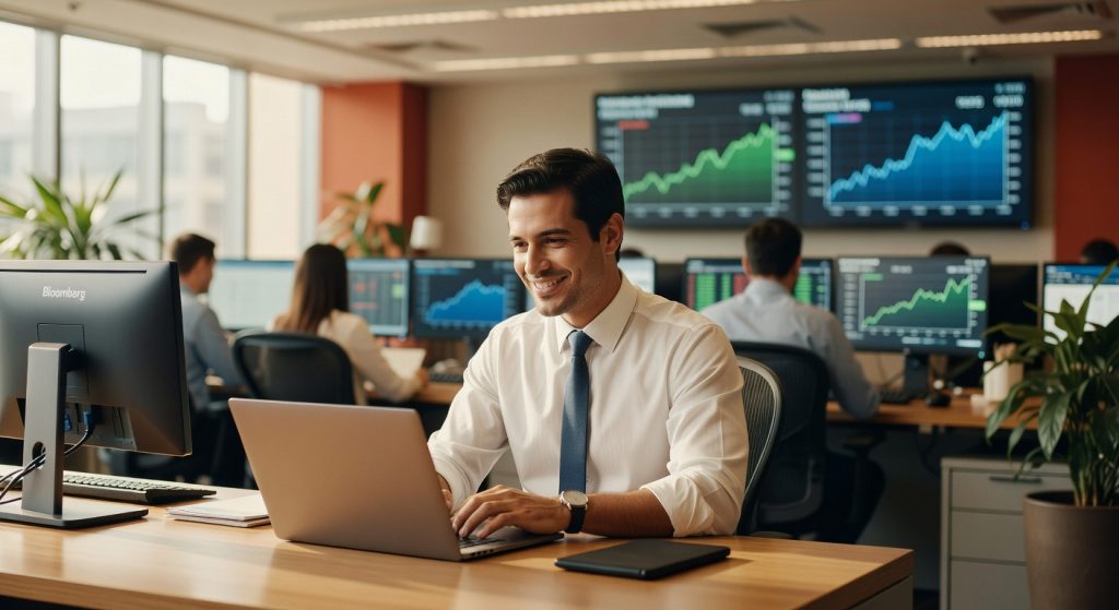 Profissional sorridente trabalhando em laptop com gráficos financeiros e monitores Bloomberg ao fundo mercado ações