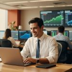 Profissional sorridente trabalhando em laptop com gráficos financeiros e monitores Bloomberg ao fundo mercado ações