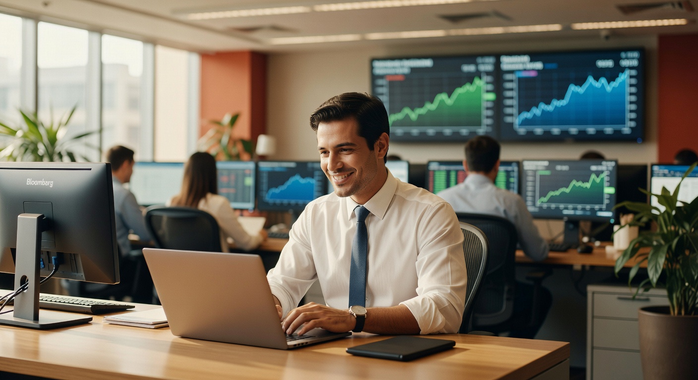 Profissional sorridente trabalhando em laptop com gráficos financeiros e monitores Bloomberg ao fundo mercado ações