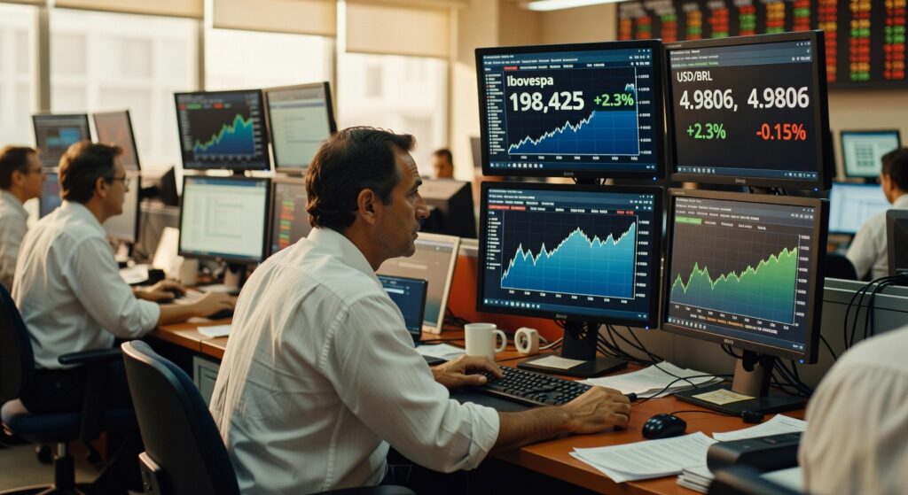 Traders em sala de operações monitorando múltiplas telas com gráficos do Ibovespa em alta e cotação USD/BRL