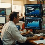 Traders em sala de operações monitorando múltiplas telas com gráficos do Ibovespa em alta e cotação USD/BRL