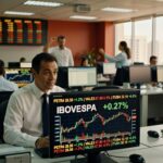 Profissional em mesa de operações observa gráfico do Ibovespa com alta de 0,27%, tela mostra cotações de ações como Petrobras e Vale