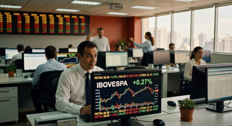 Profissional em mesa de operações observa gráfico do Ibovespa com alta de 0,27%, tela mostra cotações de ações como Petrobras e Vale