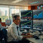 Trader experiente monitora múltiplos gráficos financeiros em telas de computador mostrando Ibovespa e cotações