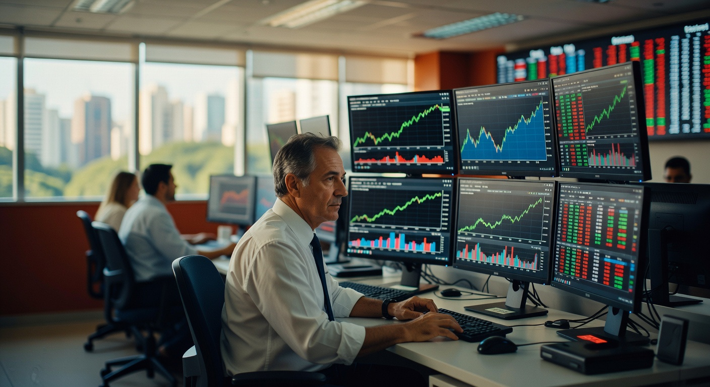 Trader experiente monitora múltiplos gráficos financeiros em telas de computador mostrando Ibovespa e cotações