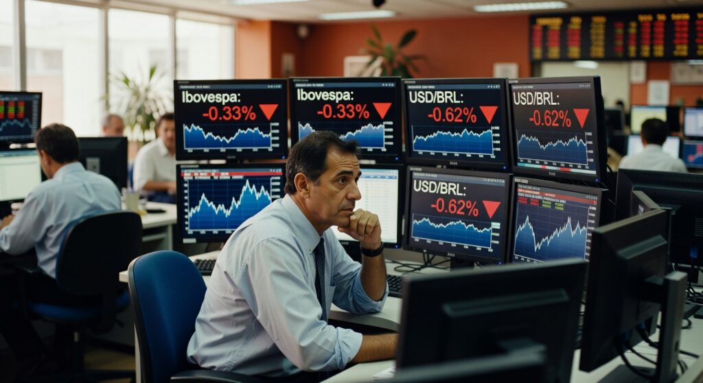 Trader em mesa de operações observando múltiplos monitores com gráficos do Ibovespa e USD/BRL em queda bolsa valores
