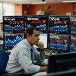 Trader em mesa de operações observando múltiplos monitores com gráficos do Ibovespa e USD/BRL em queda bolsa valores