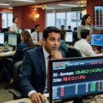 Homem de terno acompanha cotações do Ibovespa e dólar em monitor de computador em sala de trading com outros operadores