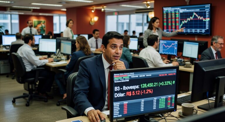 Homem de terno acompanha cotações do Ibovespa e dólar em monitor de computador em sala de trading com outros operadores