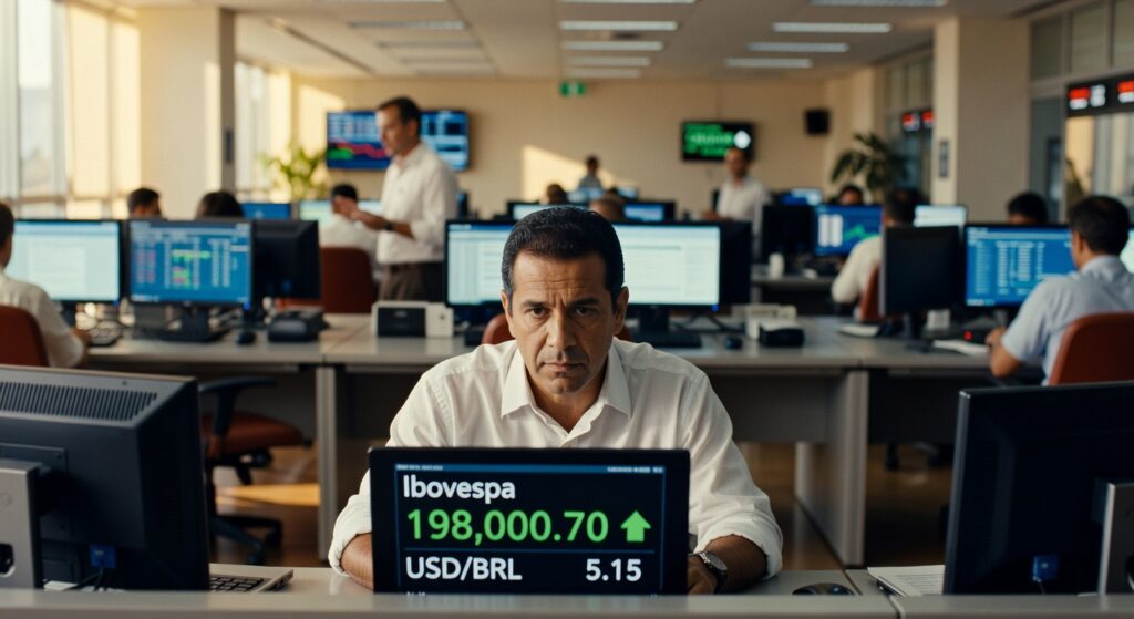 Profissional em mesa de operações observando monitor com cotação do Ibovespa em 198.000 pontos e dólar a 5,15 reais