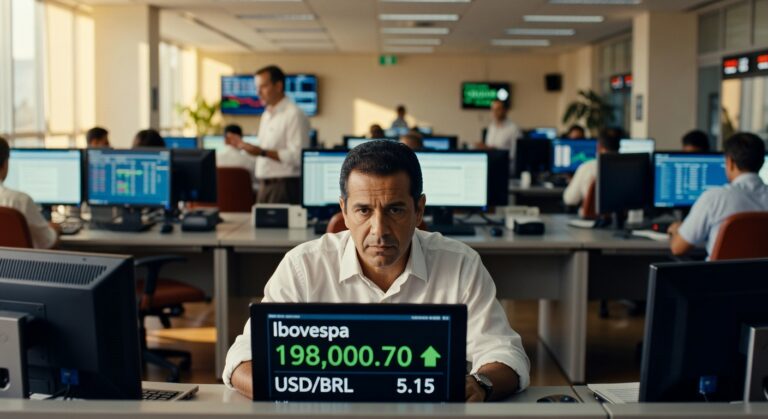 Profissional em mesa de operações observando monitor com cotação do Ibovespa em 198.000 pontos e dólar a 5,15 reais