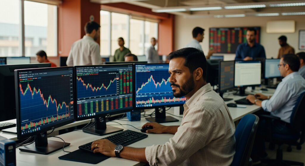 Trader em escritório observando múltiplos monitores com gráficos de candlestick, índices financeiros e dados do mercado de ações