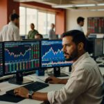 Trader em escritório observando múltiplos monitores com gráficos de candlestick, índices financeiros e dados do mercado de ações