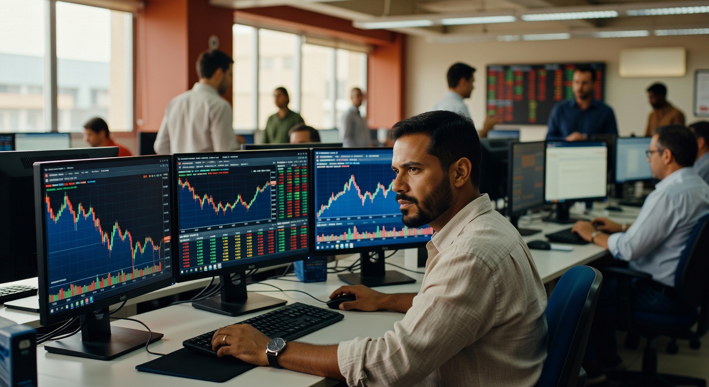 Trader em escritório observando múltiplos monitores com gráficos de candlestick, índices financeiros e dados do mercado de ações