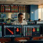 Trader em mesa de operações observa múltiplos monitores com gráficos financeiros mostrando setas vermelhas de queda, bolsa de valores