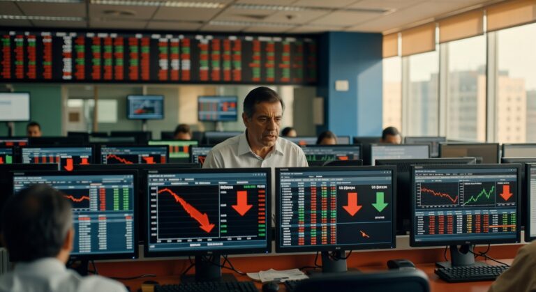 Trader em mesa de operações observa múltiplos monitores com gráficos financeiros mostrando setas vermelhas de queda, bolsa de valores