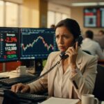 Mulher executiva ao telefone em sala de operações com monitores mostrando gráficos da Bovespa em queda de -2,3% mercado financeiro