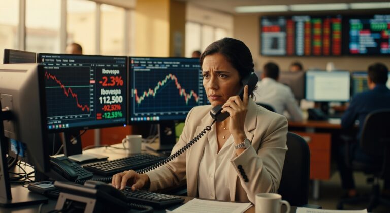 Mulher executiva ao telefone em sala de operações com monitores mostrando gráficos da Bovespa em queda de -2,3% mercado financeiro