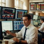 Trader em mesa de operações acompanha gráficos do Ibovespa e cotações em múltiplos monitores durante sessão de negociação na bolsa