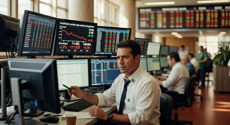 Trader em mesa de operações acompanha gráficos do Ibovespa e cotações em múltiplos monitores durante sessão de negociação na bolsa