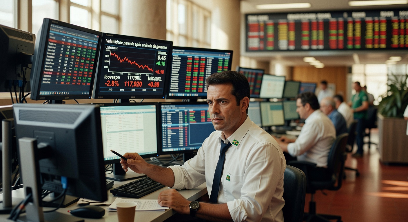 Trader em mesa de operações acompanha gráficos do Ibovespa e cotações em múltiplos monitores durante sessão de negociação na bolsa