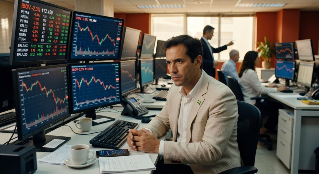 Trader em mesa de operações acompanha gráficos do Ibovespa em queda de 2,3% em monitores múltiplos bolsa valores
