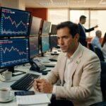 Trader em mesa de operações acompanha gráficos do Ibovespa em queda de 2,3% em monitores múltiplos bolsa valores