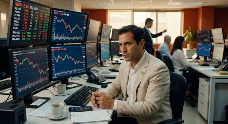 Trader em mesa de operações acompanha gráficos do Ibovespa em queda de 2,3% em monitores múltiplos bolsa valores
