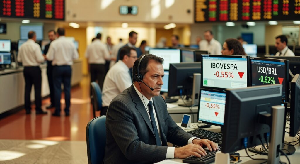 Operador financeiro em pregão da bolsa monitora telas com queda de 0,55% do Ibovespa e dólar em baixa mercado ações