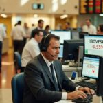 Operador financeiro em pregão da bolsa monitora telas com queda de 0,55% do Ibovespa e dólar em baixa mercado ações