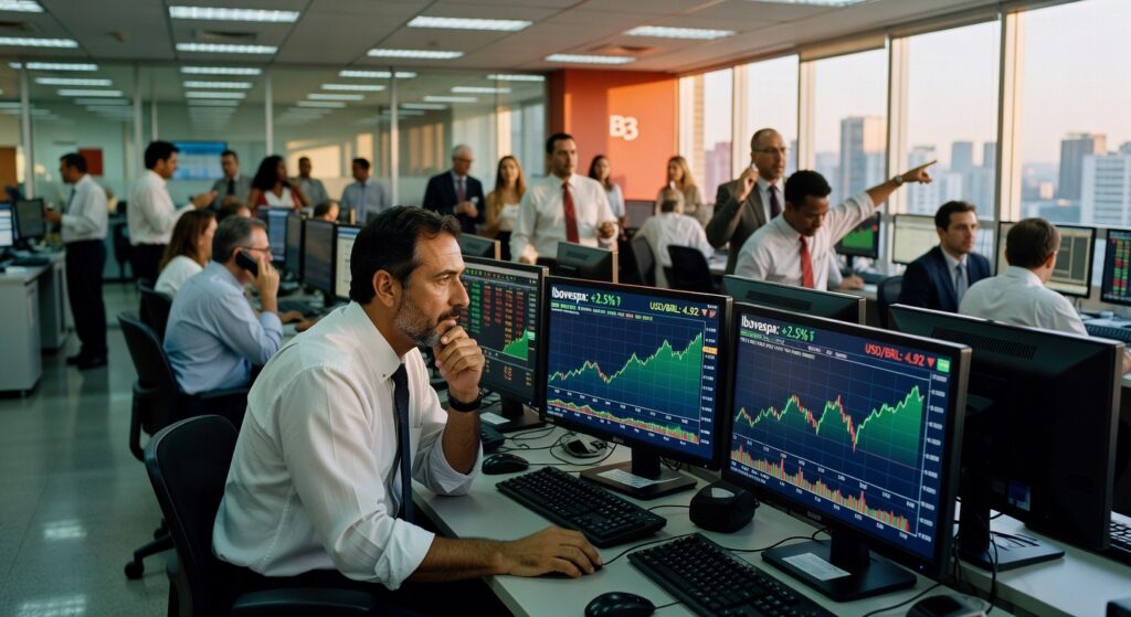 Trader analisando gráficos do Ibovespa em monitores múltiplos em sala de operações com profissionais do mercado financeiro