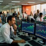 Trader analisando gráficos do Ibovespa em monitores múltiplos em sala de operações com profissionais do mercado financeiro