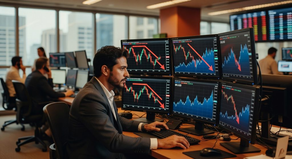 Trader em ambiente corporativo observa múltiplos monitores com gráficos financeiros mostrando tendência de baixa no mercado