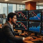 Trader em ambiente corporativo observa múltiplos monitores com gráficos financeiros mostrando tendência de baixa no mercado