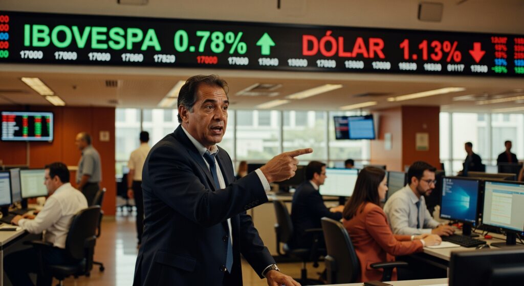 Homem de terno aponta para painel eletrônico mostrando Ibovespa em alta de 0,78% e dólar em queda de 1,13% em pregão da bolsa