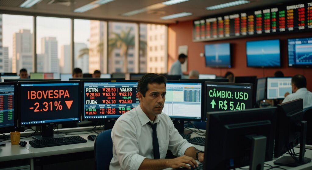 Trader em mesa de operações com monitores mostrando Ibovespa em queda de 2,31% e cotação do dólar em alta, bolsa de valores