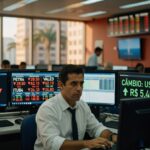Trader em mesa de operações com monitores mostrando Ibovespa em queda de 2,31% e cotação do dólar em alta, bolsa de valores