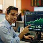 Trader sorridente apontando para monitor com gráfico verde do Ibovespa mostrando alta de 2,75%, mercado financeiro bolsa valores