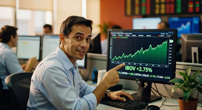 Trader sorridente apontando para monitor com gráfico verde do Ibovespa mostrando alta de 2,75%, mercado financeiro bolsa valores
