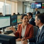 Profissionais em escritório de investimentos analisando dados do Ibovespa em alta de 1,40% em monitores financeiros