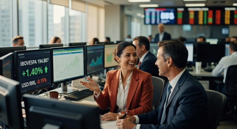 Profissionais em escritório de investimentos analisando dados do Ibovespa em alta de 1,40% em monitores financeiros