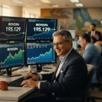 Executivo sorridente monitora gráficos do Ibovespa em múltiplas telas mostrando 195.129 pontos em ambiente corporativo