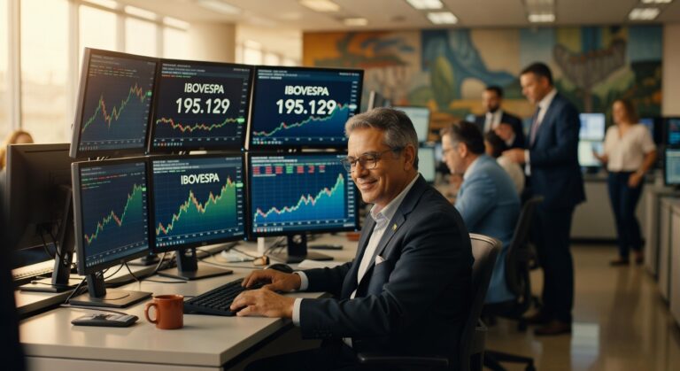 Executivo sorridente monitora gráficos do Ibovespa em múltiplas telas mostrando 195.129 pontos em ambiente corporativo