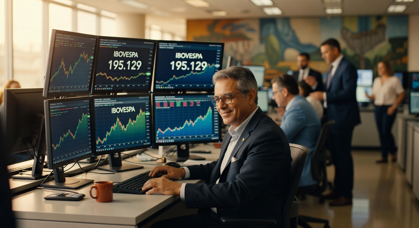 Executivo sorridente monitora gráficos do Ibovespa em múltiplas telas mostrando 195.129 pontos em ambiente corporativo
