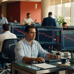 Trader em escritório financeiro observando monitores com gráficos de ações em queda, indicadores vermelhos mercado financeiro