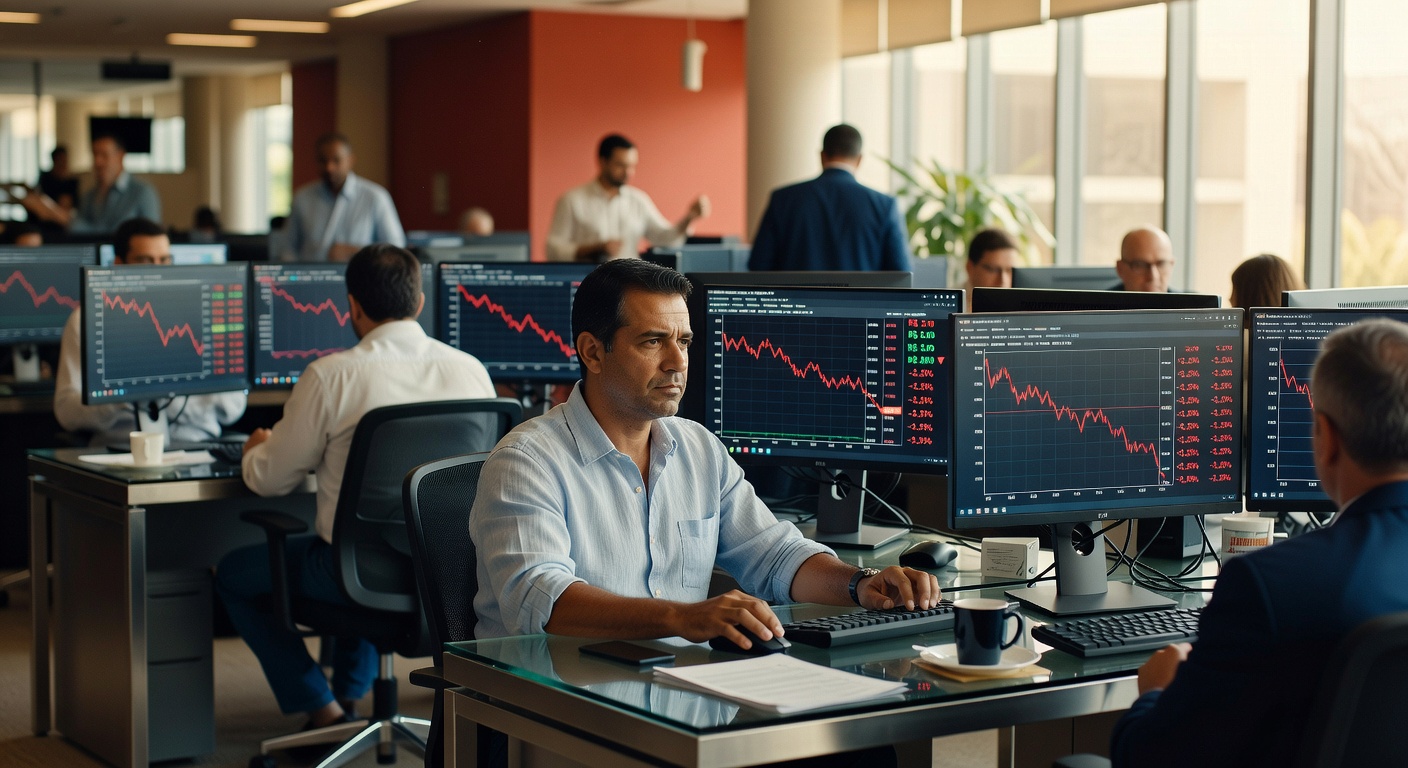 Trader em escritório financeiro observando monitores com gráficos de ações em queda, indicadores vermelhos mercado financeiro